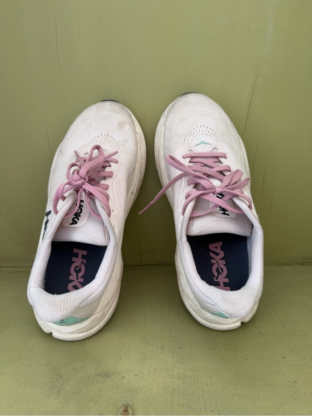 Hoka One One Women's White Athletic Sneakers with Pink Laces